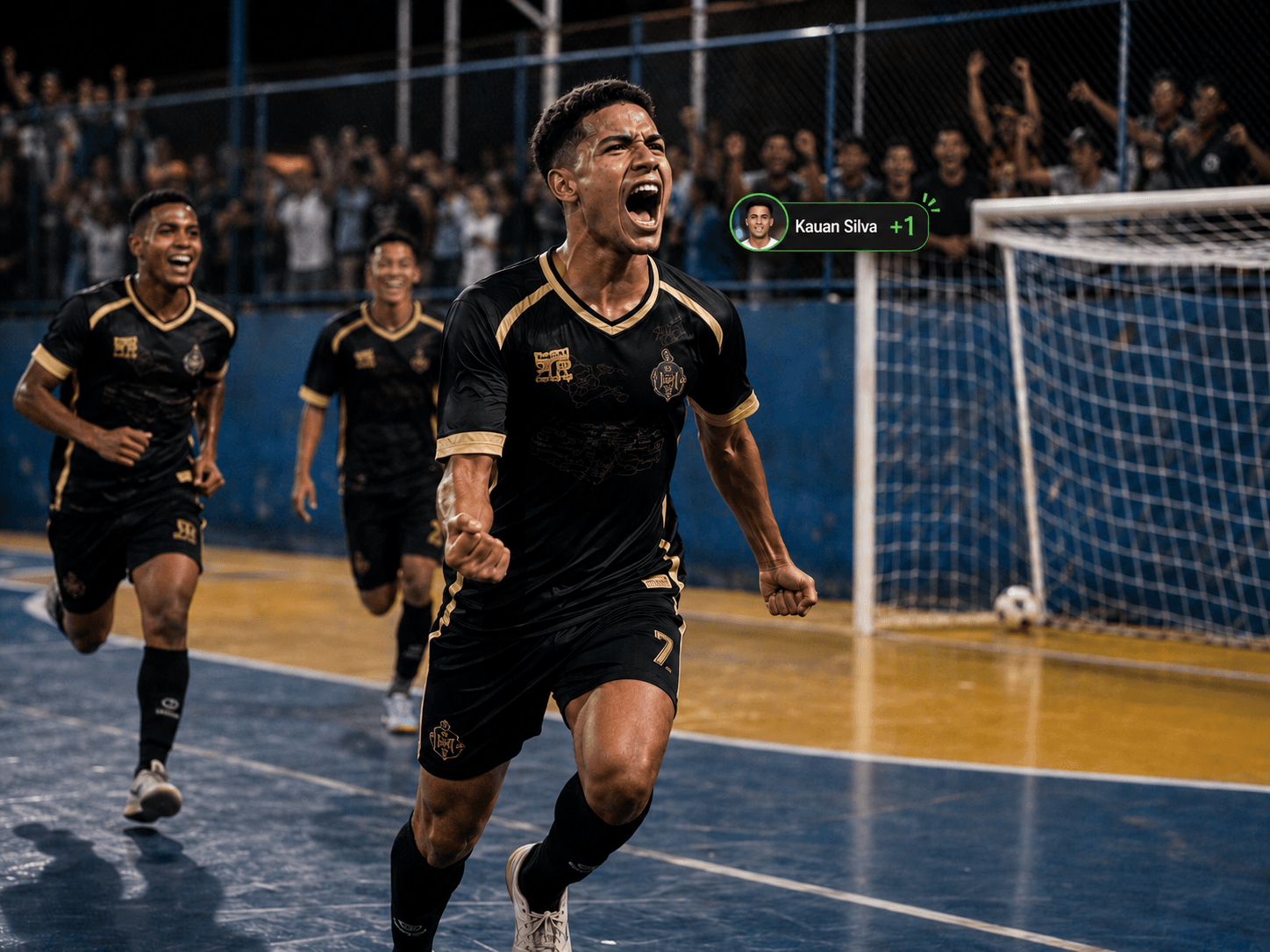 Jogadores comemorando um gol em uma partida de futebol