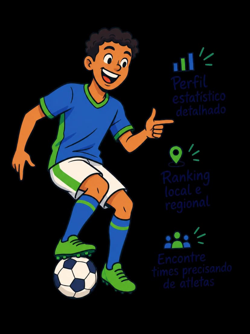 Jogador com bola, ao lado dos benefícios: perfil estatístico detalhado, ranking local e regional, encontre times precisando de atletas